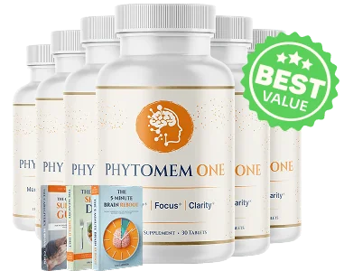 The seller's photo of six Phytomem One bottles with the e-books, the 6-bottle package at $49 per bottle